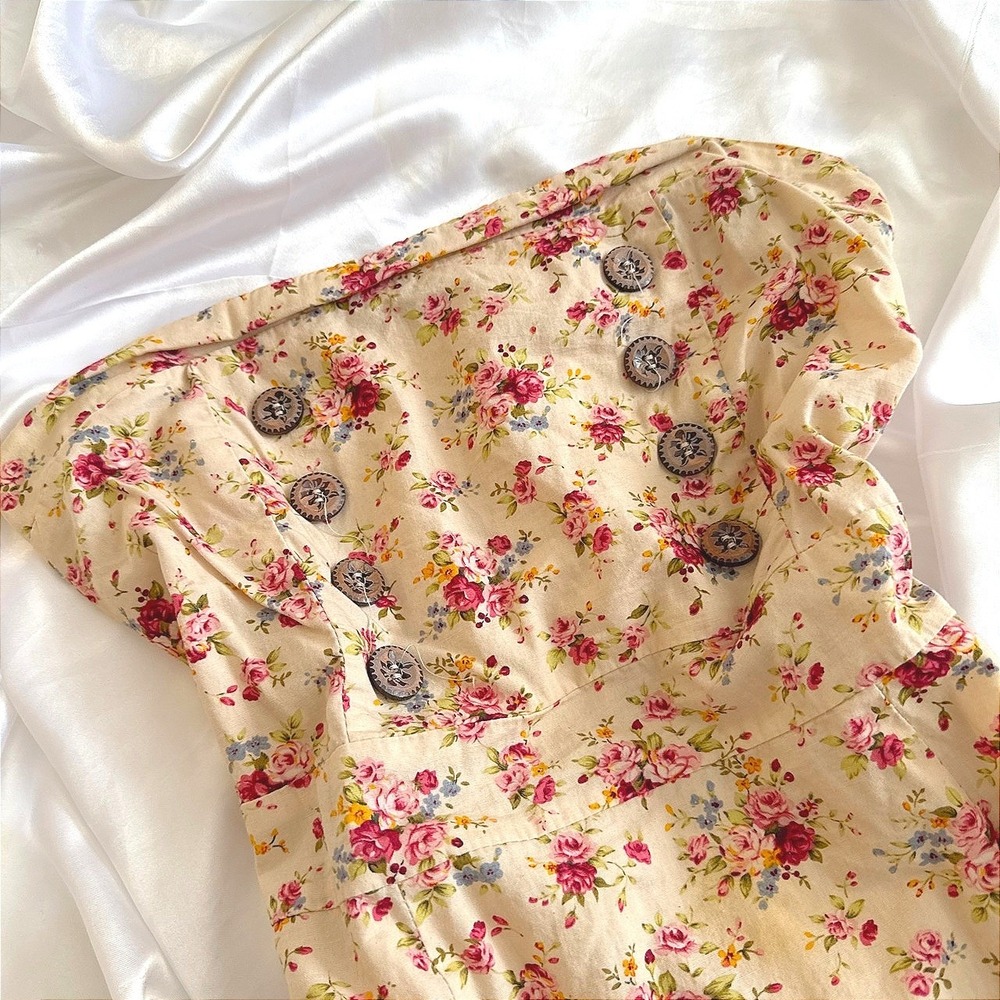 Rue21 Floral Strapless Smocked Back Button Front Tunic Top Mini Dress Cream Pink